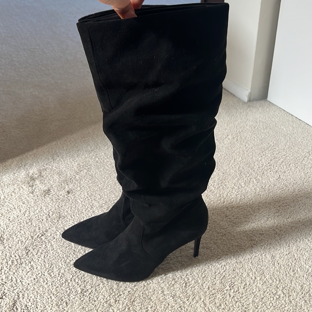 Black Suede Scrunch Knee High Boot